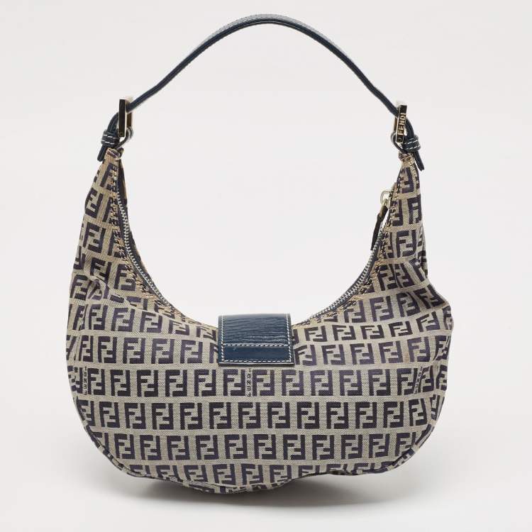 Pre Owned Fendi Navy Blue Zucchino Canvas and Leather FF Flap Hobo