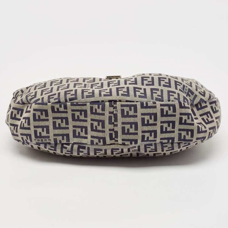 Pre Owned Fendi Navy Blue Zucchino Canvas and Leather FF Flap Hobo