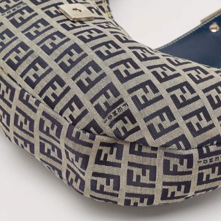 Pre Owned Fendi Navy Blue Zucchino Canvas and Leather FF Flap Hobo