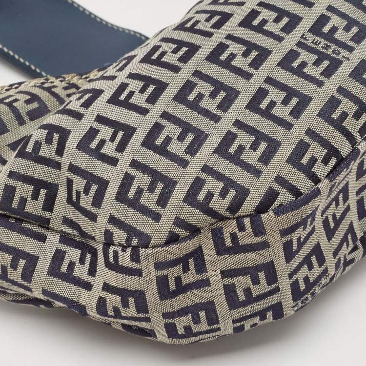 Pre Owned Fendi Navy Blue Zucchino Canvas and Leather FF Flap Hobo