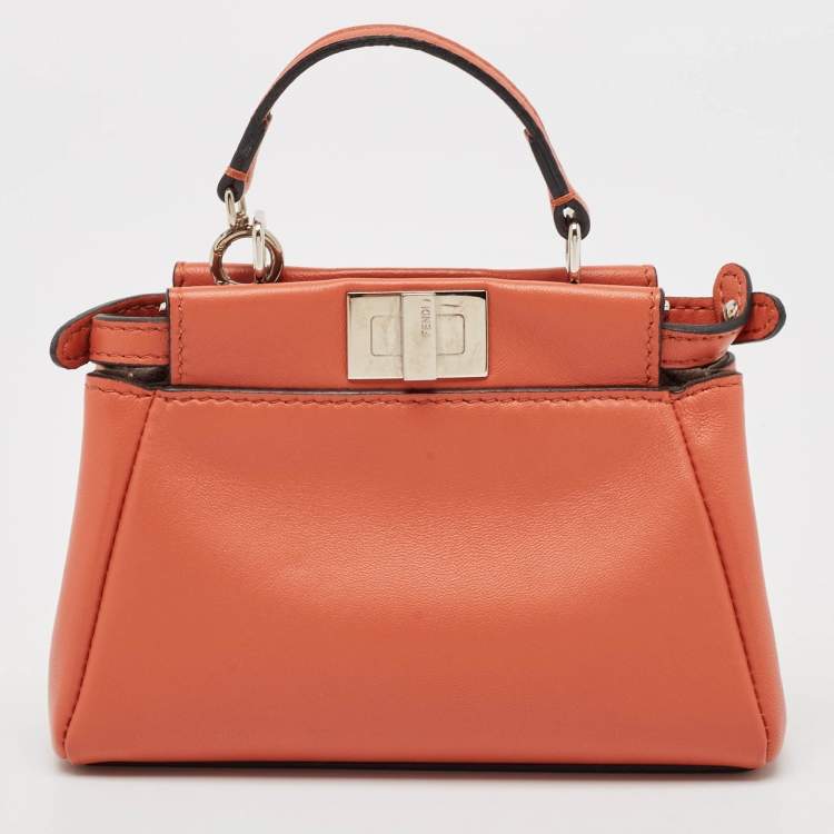 Pre Owned Fendi Brick Brown Leather Micro Peekaboo Top Handle Bag