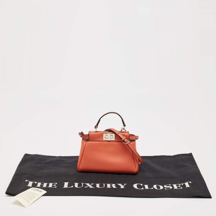 Pre Owned Fendi Brick Brown Leather Micro Peekaboo Top Handle Bag