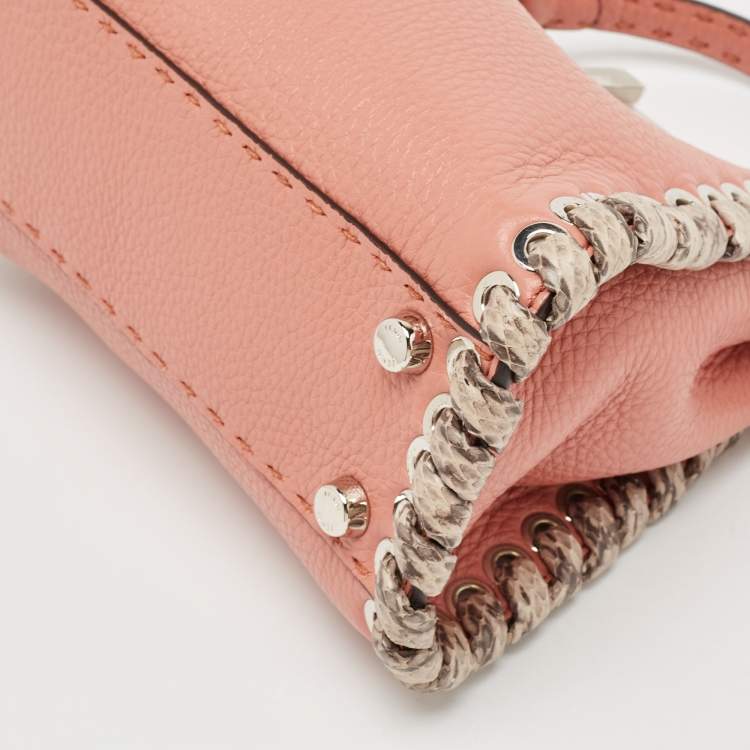 Pre Owned Fendi Old Rose Leather and Snakeskin Leather Mini Whipstitch Peekaboo Top Handle Bag