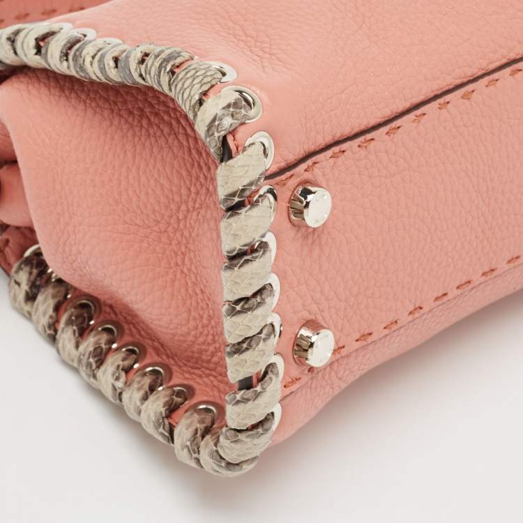 Pre Owned Fendi Old Rose Leather and Snakeskin Leather Mini Whipstitch Peekaboo Top Handle Bag