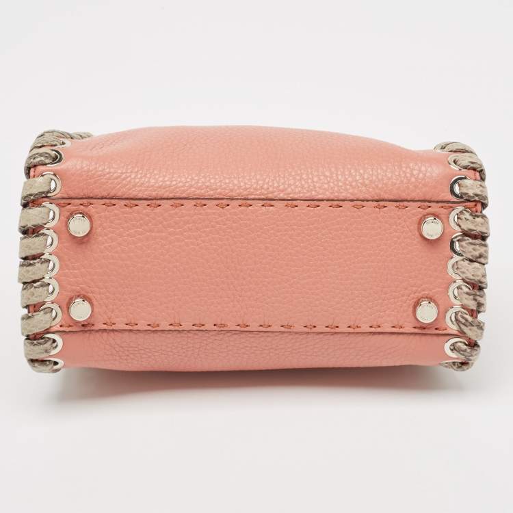 Pre Owned Fendi Old Rose Leather and Snakeskin Leather Mini Whipstitch Peekaboo Top Handle Bag