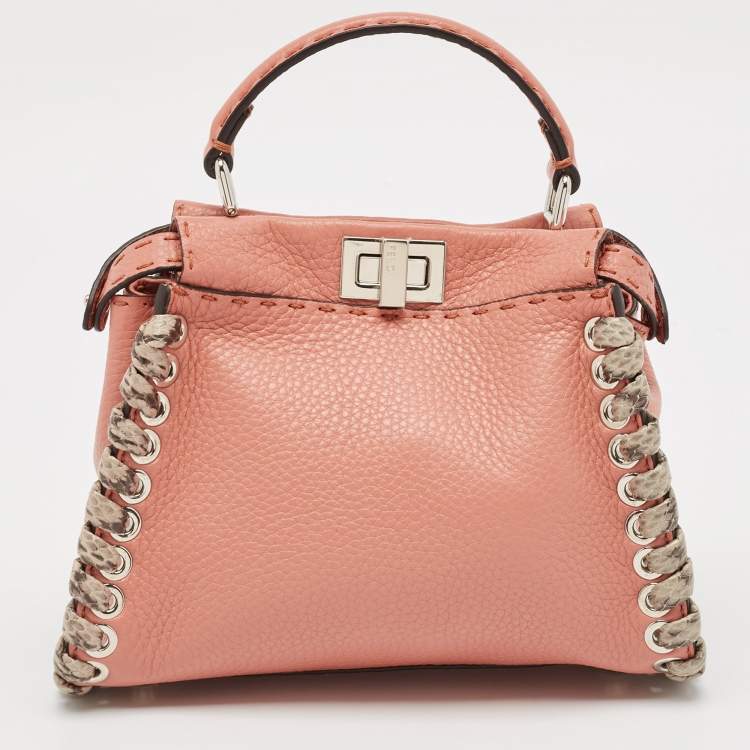 Pre Owned Fendi Old Rose Leather and Snakeskin Leather Mini Whipstitch Peekaboo Top Handle Bag
