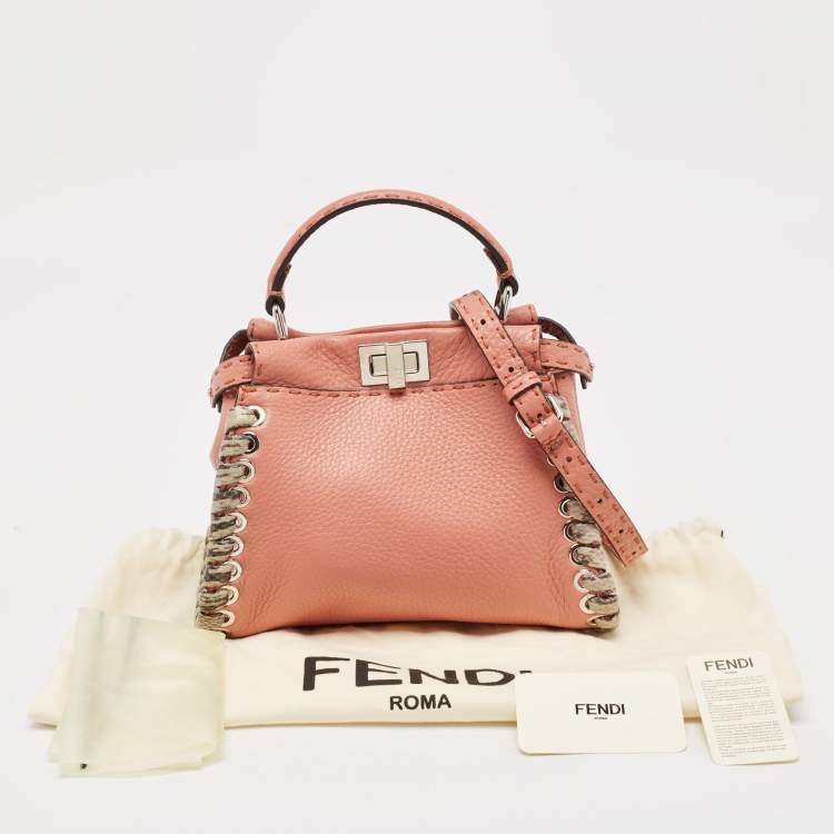Pre Owned Fendi Old Rose Leather and Snakeskin Leather Mini Whipstitch Peekaboo Top Handle Bag