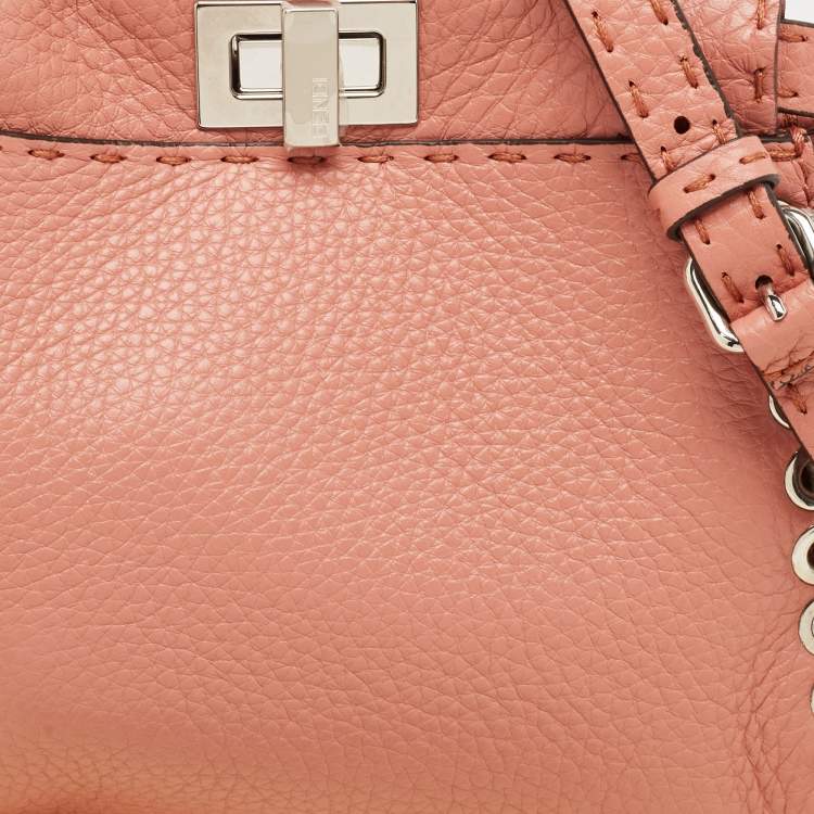 Pre Owned Fendi Old Rose Leather and Snakeskin Leather Mini Whipstitch Peekaboo Top Handle Bag