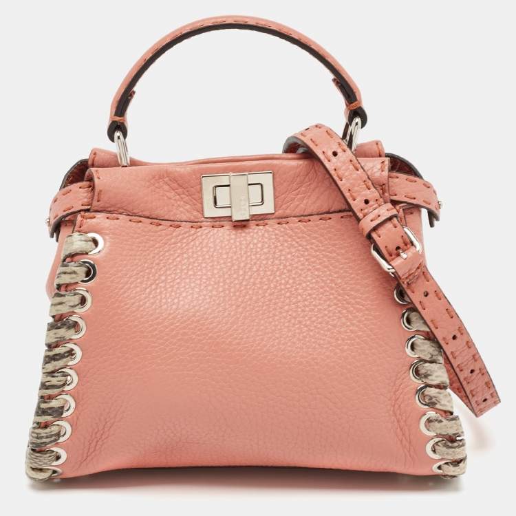 Pre Owned Fendi Old Rose Leather and Snakeskin Leather Mini Whipstitch Peekaboo Top Handle Bag
