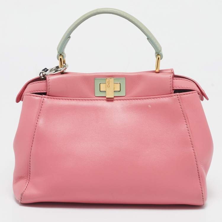 Pre Owned Fendi Pink/Green Leather Mini Peekaboo Top Handle Bag