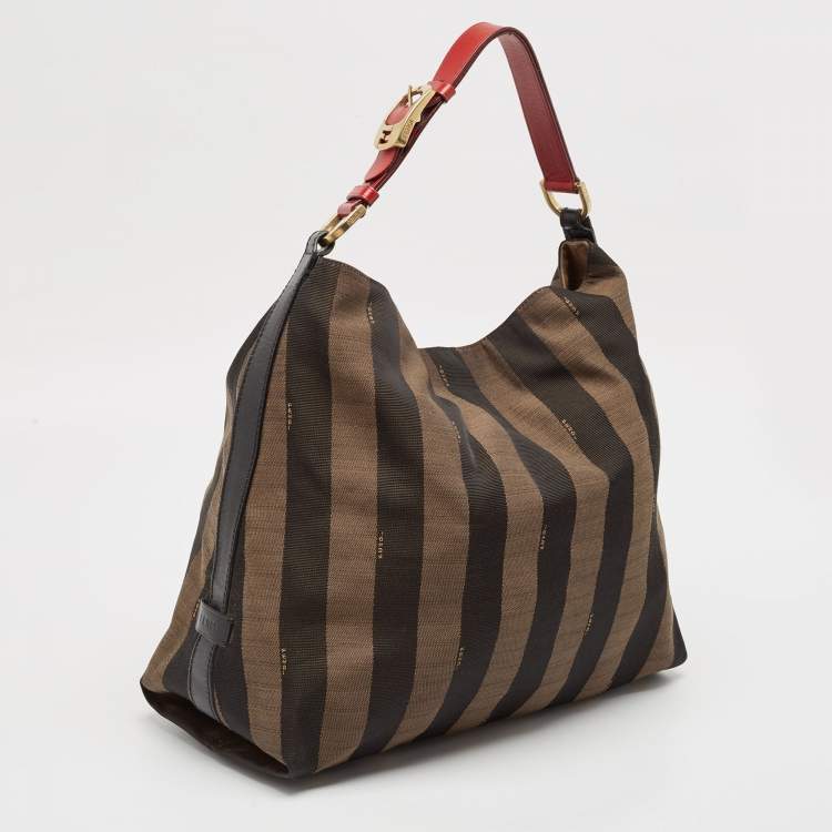Pre Owned Fendi Tobacco/Red Pequin Stripe Canvas and Leather Hobo