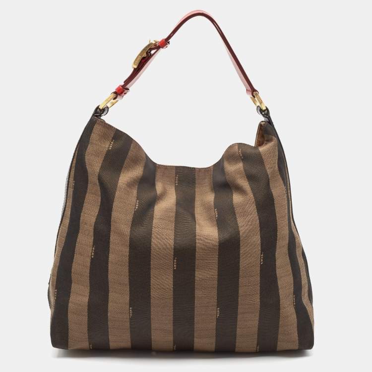 Pre Owned Fendi Tobacco/Red Pequin Stripe Canvas and Leather Hobo