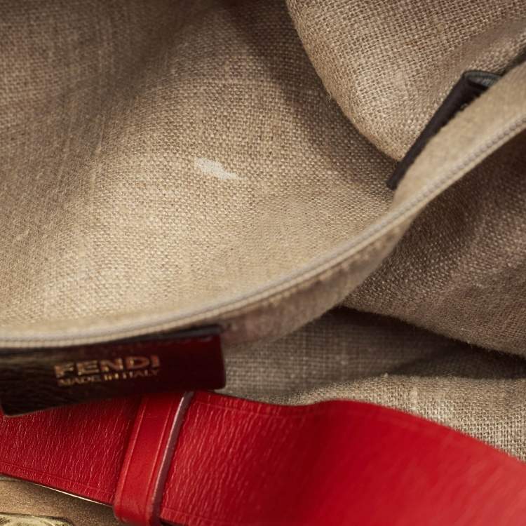 Pre Owned Fendi Tobacco/Red Pequin Stripe Canvas and Leather Hobo