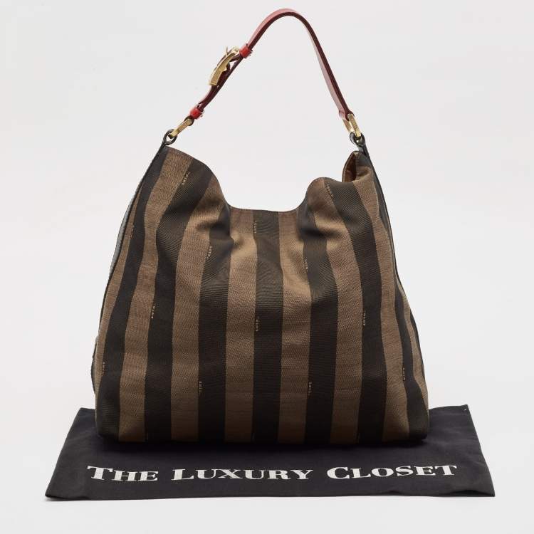 Pre Owned Fendi Tobacco/Red Pequin Stripe Canvas and Leather Hobo