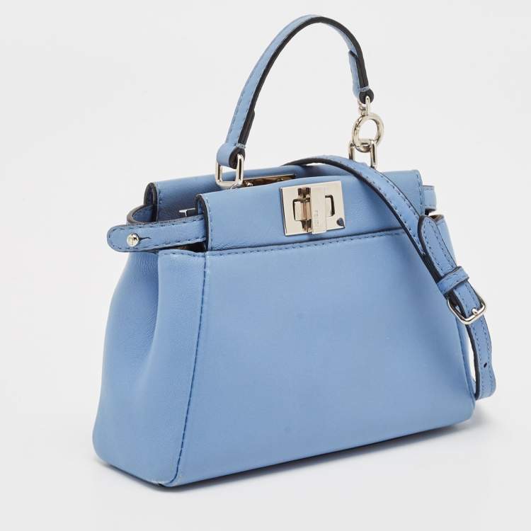 Pre Owned Fendi Light Blue Leather Micro Peekaboo Top Handle Bag