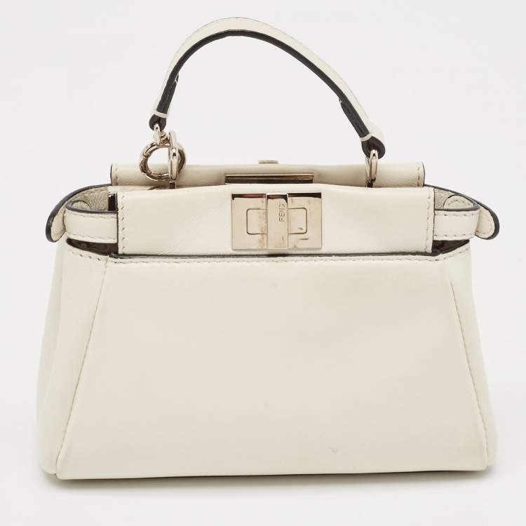 Pre Owned Fendi White Leather Micro Peekaboo Top Handle Bag