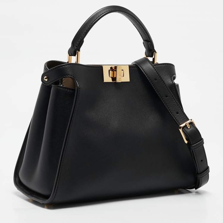 Pre Owned Fendi Black Leather Peekaboo Iconic Essentially Top Handle Bag