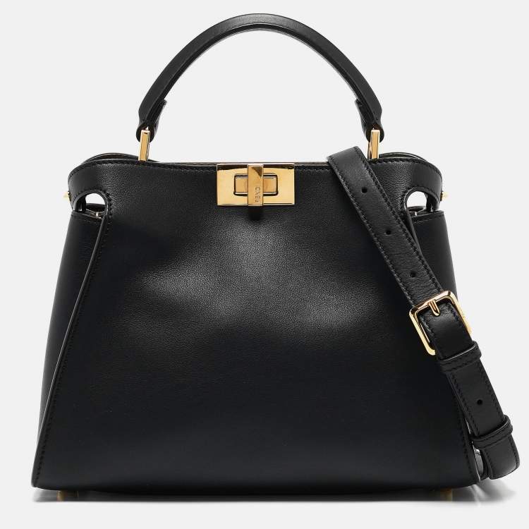 Pre Owned Fendi Black Leather Peekaboo Iconic Essentially Top Handle Bag