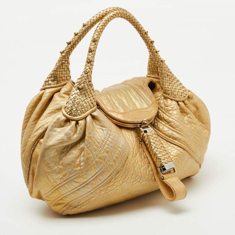 Pre Owned Fendi Metallic Gold Textured Leather Spy Hobo