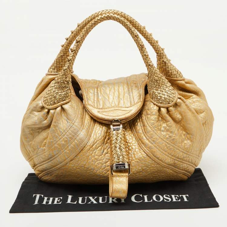 Pre Owned Fendi Metallic Gold Textured Leather Spy Hobo