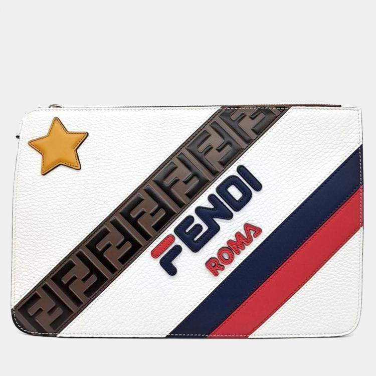 Pre Owned Fendi X Fila White Leather Clutch