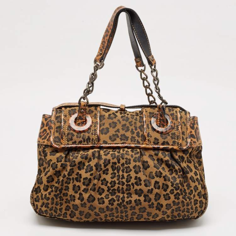Pre Owned Fendi Brown Leopard Print Fabric and Patent Leather Trim B Bag