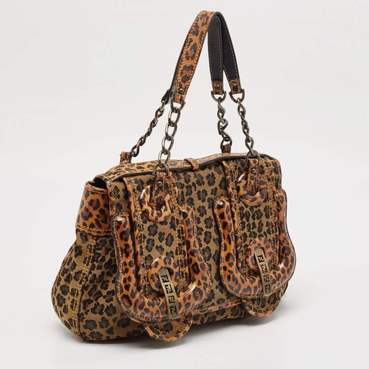 Pre Owned Fendi Brown Leopard Print Fabric and Patent Leather Trim B Bag