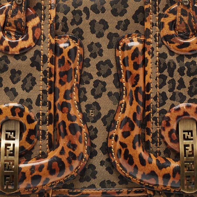 Pre Owned Fendi Brown Leopard Print Fabric and Patent Leather Trim B Bag