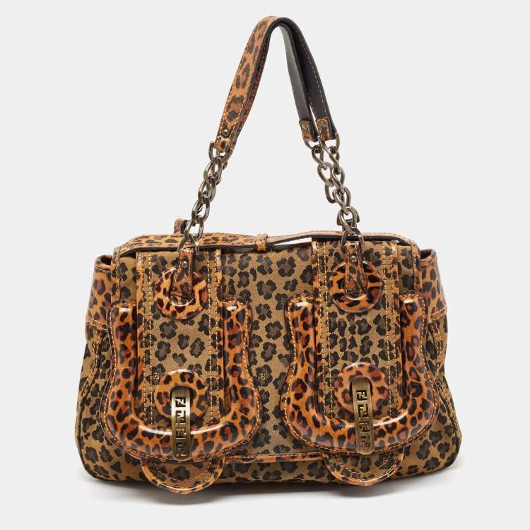 Pre Owned Fendi Brown Leopard Print Fabric and Patent Leather Trim B Bag