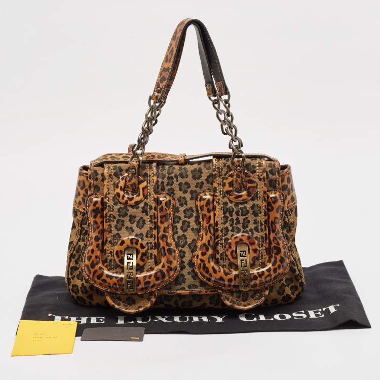 Pre Owned Fendi Brown Leopard Print Fabric and Patent Leather Trim B Bag