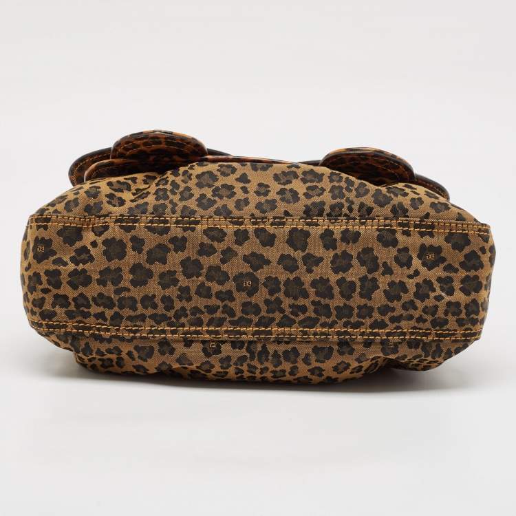 Pre Owned Fendi Brown Leopard Print Fabric and Patent Leather Trim B Bag