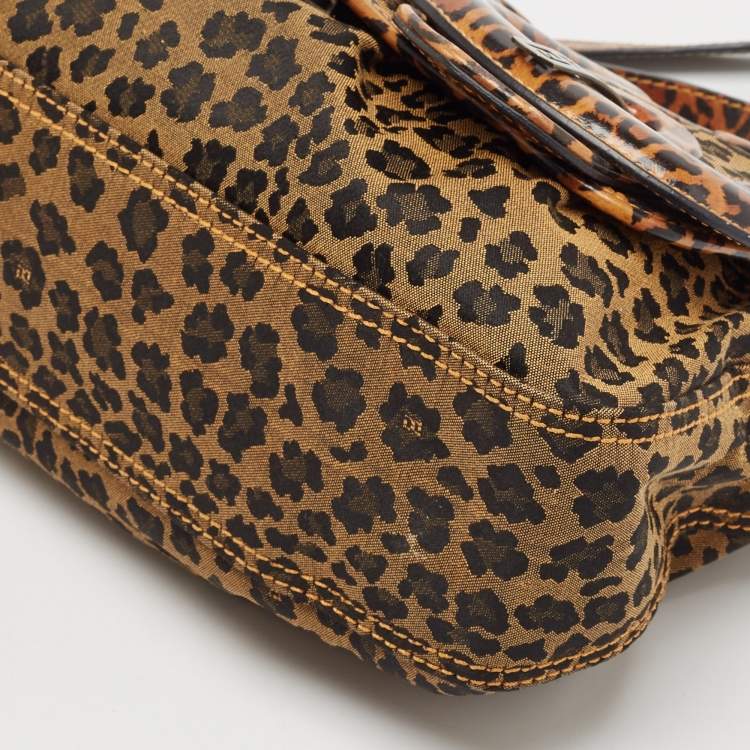 Pre Owned Fendi Brown Leopard Print Fabric and Patent Leather Trim B Bag