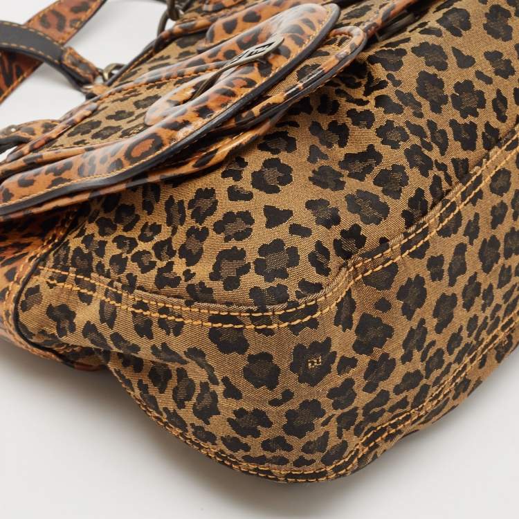 Pre Owned Fendi Brown Leopard Print Fabric and Patent Leather Trim B Bag