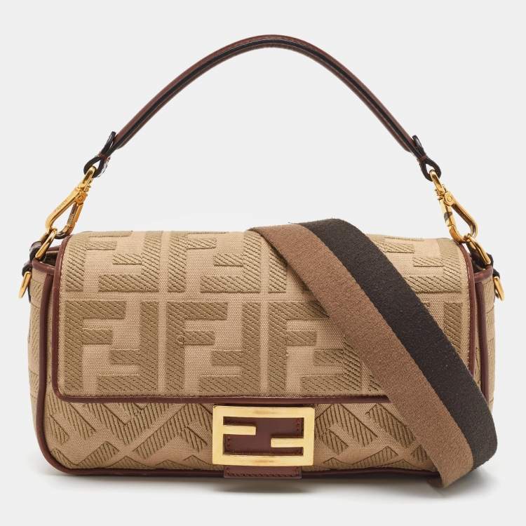 Pre Owned Fendi Beige/Brown Zucca Embroidered Canvas and Leather NM Baguette Bag