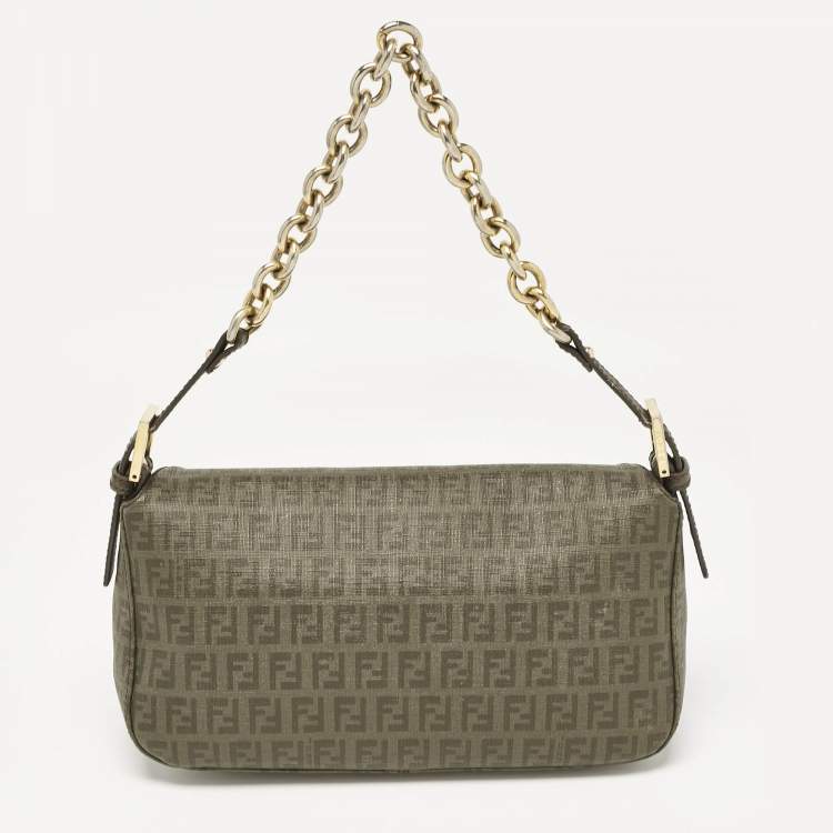 Pre Owned Fendi Green Zucchino Coated Canvas Forever Baguette Bag