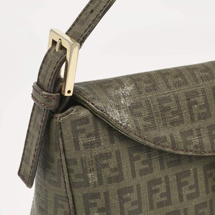 Pre Owned Fendi Green Zucchino Coated Canvas Forever Baguette Bag