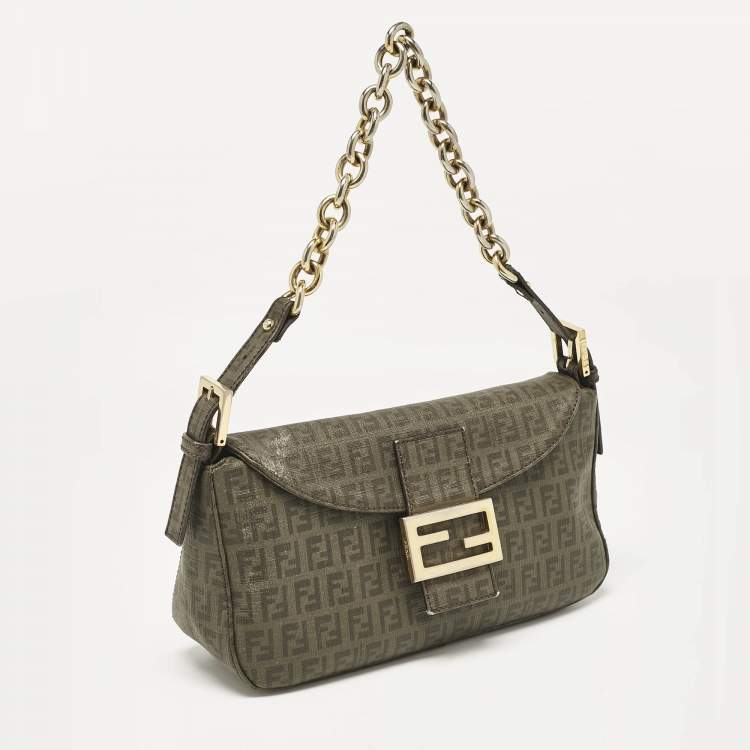 Pre Owned Fendi Green Zucchino Coated Canvas Forever Baguette Bag