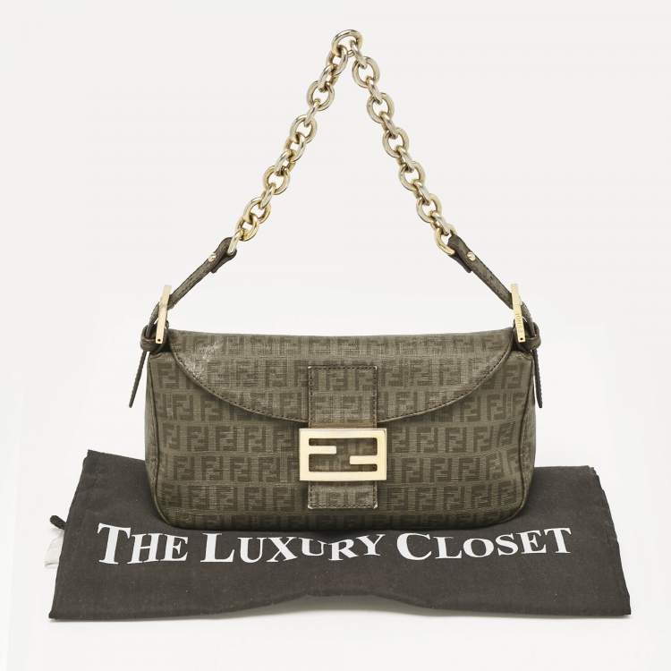 Pre Owned Fendi Green Zucchino Coated Canvas Forever Baguette Bag