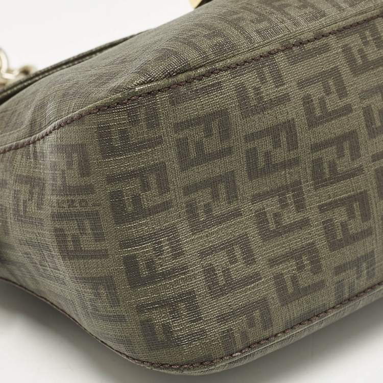 Pre Owned Fendi Green Zucchino Coated Canvas Forever Baguette Bag
