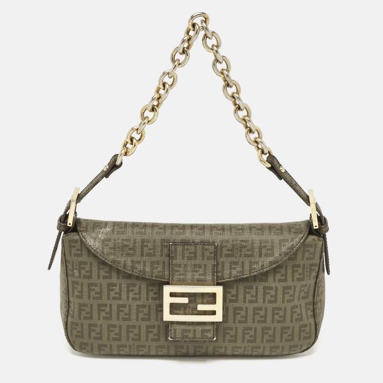 Pre Owned Fendi Green Zucchino Coated Canvas Forever Baguette Bag
