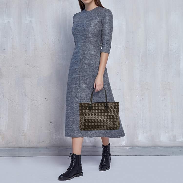 Pre Owned Fendi Brown Zucchino Canvas Small Shopper Tote