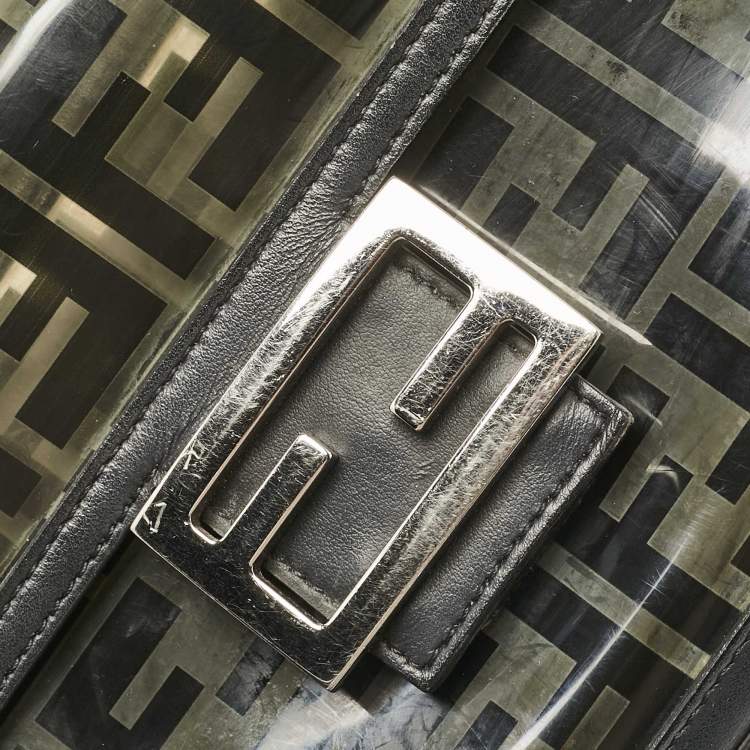 Pre Owned Fendi Black Zucca Embossed PVC and Leather Medium Baguette Bag