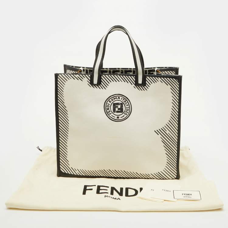 Pre Owned Fendi x Joshua Vides White/Black Coated Canvas Stamp Patch Shopping Tote