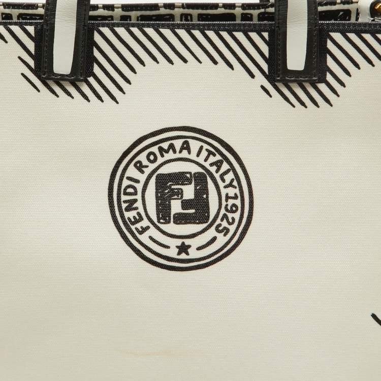 Pre Owned Fendi x Joshua Vides White/Black Coated Canvas Stamp Patch Shopping Tote