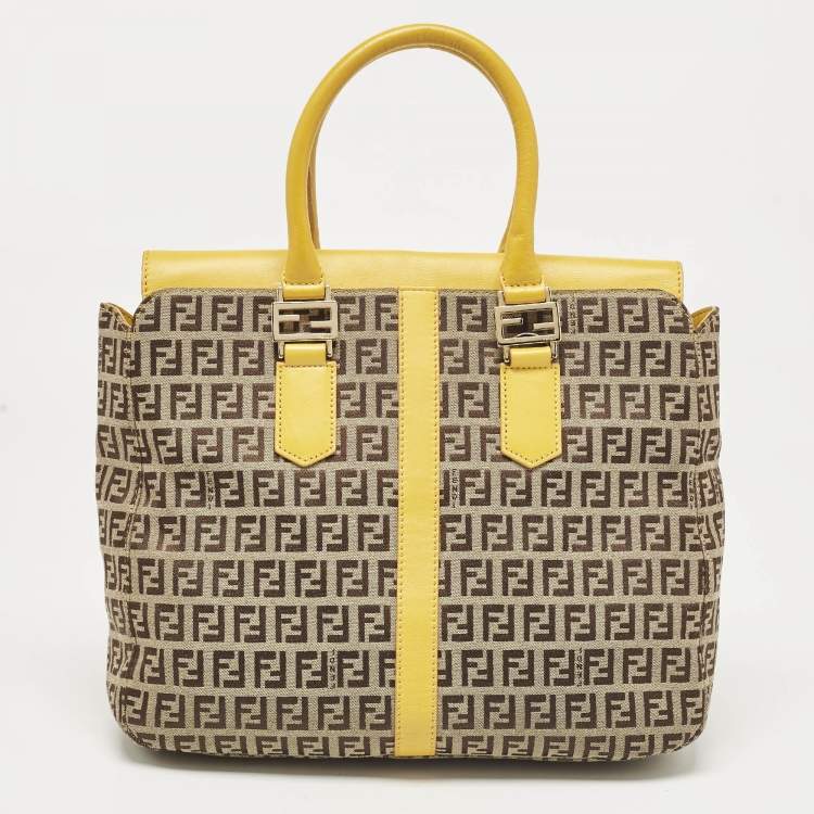 Pre Owned Fendi Yellow/Beige Zucchino Fabric and Leather Tote
