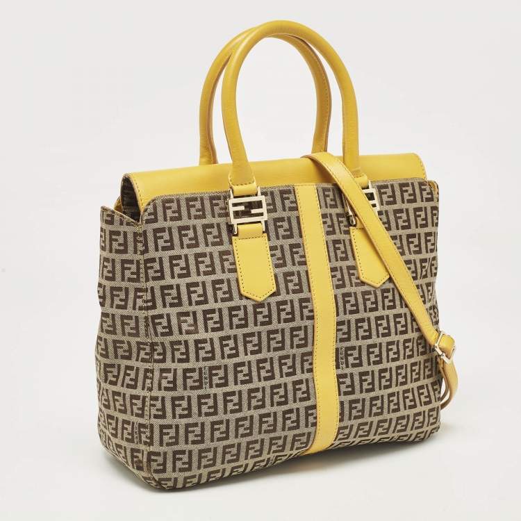 Pre Owned Fendi Yellow/Beige Zucchino Fabric and Leather Tote