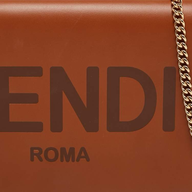 Pre Owned Fendi Brown Leather Logo Embossed Wallet On Chain