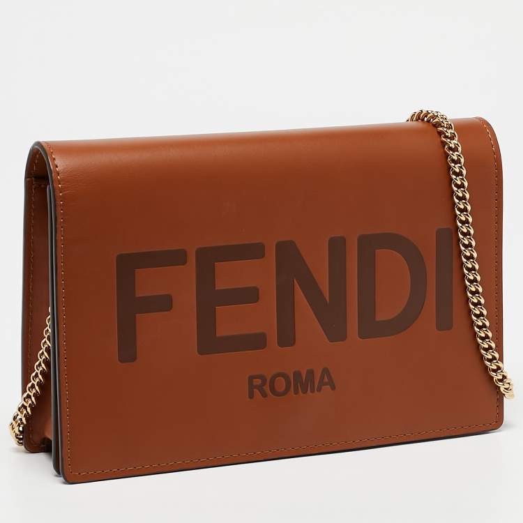 Pre Owned Fendi Brown Leather Logo Embossed Wallet On Chain