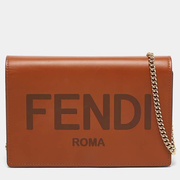 Pre Owned Fendi Brown Leather Logo Embossed Wallet On Chain
