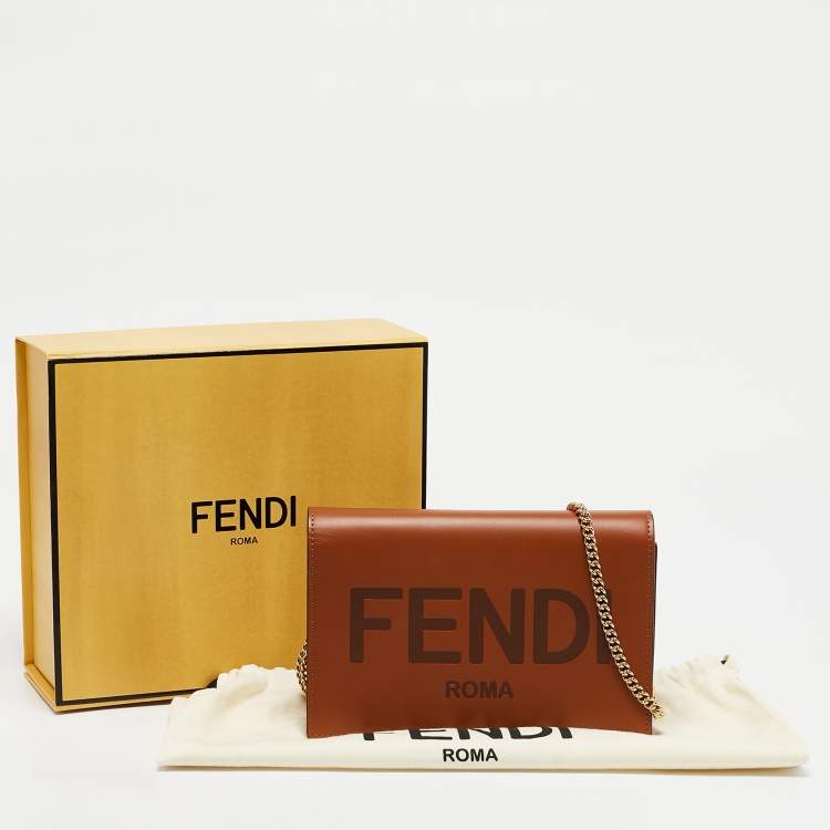 Pre Owned Fendi Brown Leather Logo Embossed Wallet On Chain
